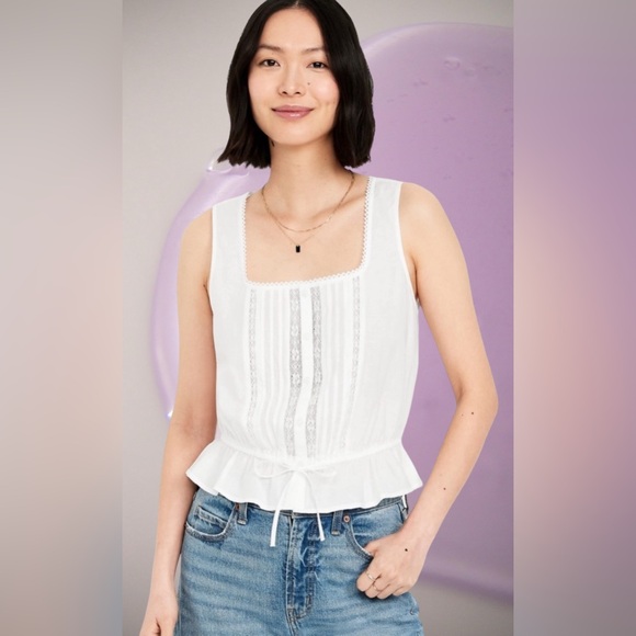 NWTS💓LINEN & LACE LADIES SIZE XL💓GAP OLDNAVY💓CRISP WHITE LACE BUTTON PEPLUM TOP - Picture 4 of 12